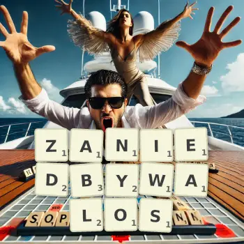 Kreatywna ilustracja do gry w Scrabble ze słowem ZANIEDBYWALOS ułożonym z płytek na planszy.