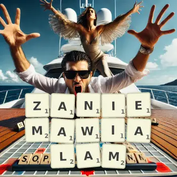Kreatywna ilustracja do gry w Scrabble ze słowem ZANIEMAWIALAM ułożonym z płytek na planszy.