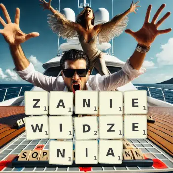 Kreatywna ilustracja do gry w Scrabble ze słowem ZANIEWIDZENIA ułożonym z płytek na planszy.