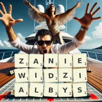 Kreatywna ilustracja do gry w Scrabble ze słowem ZANIEWIDZIALBYS ułożonym z płytek na planszy.