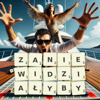 Kreatywna ilustracja do gry w Scrabble ze słowem ZANIEWIDZIAŁYBY ułożonym z płytek na planszy.