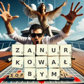 Kreatywna ilustracja do gry w Scrabble ze słowem ZANURKOWAŁBYM ułożonym z płytek na planszy.