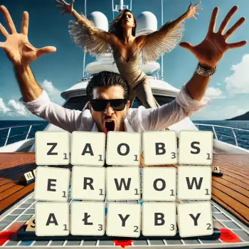 Kreatywna ilustracja do gry w Scrabble ze słowem ZAOBSERWOWAŁYBY ułożonym z płytek na planszy.