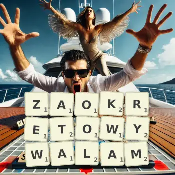 Kreatywna ilustracja do gry w Scrabble ze słowem ZAOKRETOWYWALAM ułożonym z płytek na planszy.