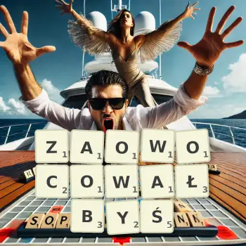 Kreatywna ilustracja do gry w Scrabble ze słowem ZAOWOCOWAŁBYŚ ułożonym z płytek na planszy.
