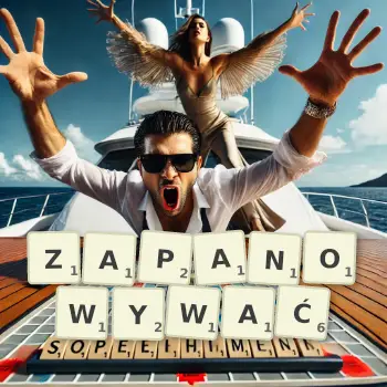 Kreatywna ilustracja do gry w Scrabble ze słowem ZAPANOWYWAĆ ułożonym z płytek na planszy.