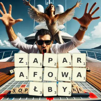 Kreatywna ilustracja do gry w Scrabble ze słowem ZAPARAFOWAŁBY ułożonym z płytek na planszy.