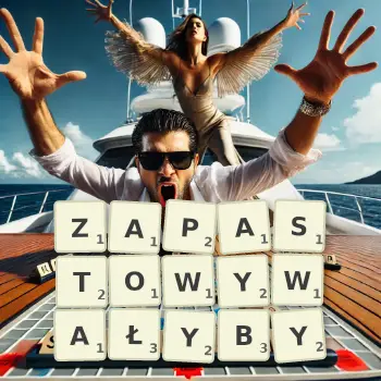Kreatywna ilustracja do gry w Scrabble ze słowem ZAPASTOWYWAŁYBY ułożonym z płytek na planszy.