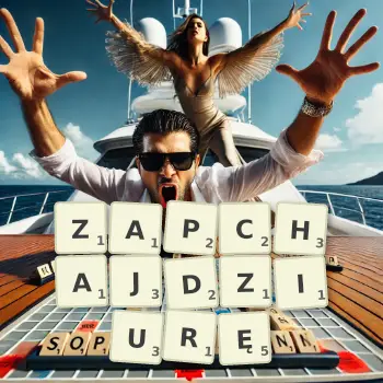 Kreatywna ilustracja do gry w Scrabble ze słowem ZAPCHAJDZIURĘ ułożonym z płytek na planszy.