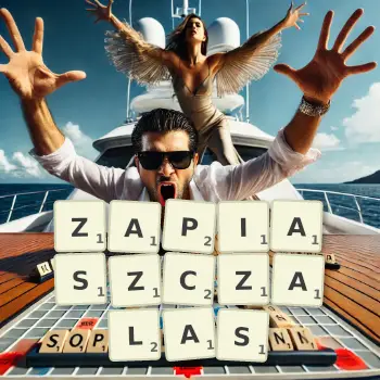 Kreatywna ilustracja do gry w Scrabble ze słowem ZAPIASZCZALAS ułożonym z płytek na planszy.