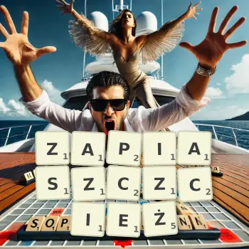 Kreatywna ilustracja do gry w Scrabble ze słowem ZAPIASZCZCIEŻ ułożonym z płytek na planszy.