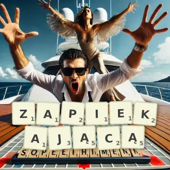 Kreatywna ilustracja do gry w Scrabble ze słowem ZAPIEKAJĄCĄ ułożonym z płytek na planszy.