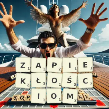 Kreatywna ilustracja do gry w Scrabble ze słowem ZAPIEKŁOŚCIOM ułożonym z płytek na planszy.