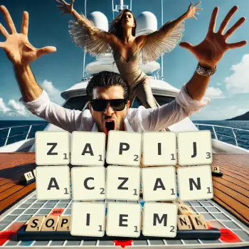 Kreatywna ilustracja do gry w Scrabble ze słowem ZAPIJACZANIEM ułożonym z płytek na planszy.