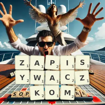 Kreatywna ilustracja do gry w Scrabble ze słowem ZAPISYWACZKOM ułożonym z płytek na planszy.