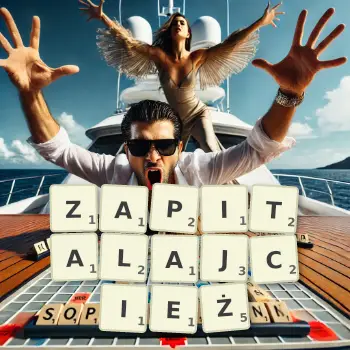 Kreatywna ilustracja do gry w Scrabble ze słowem ZAPITALAJCIEŻ ułożonym z płytek na planszy.