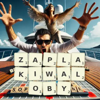 Kreatywna ilustracja do gry w Scrabble ze słowem ZAPLAKIWALOBY ułożonym z płytek na planszy.