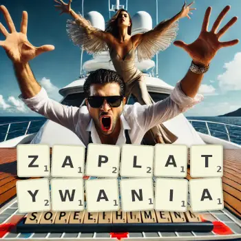 Kreatywna ilustracja do gry w Scrabble ze słowem ZAPLATYWANIA ułożonym z płytek na planszy.