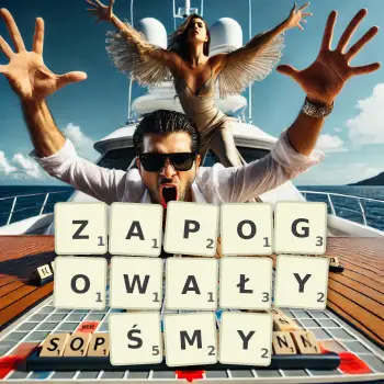 Kreatywna ilustracja do gry w Scrabble ze słowem ZAPOGOWAŁYŚMY ułożonym z płytek na planszy.