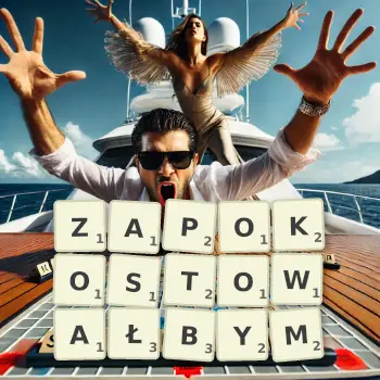 Kreatywna ilustracja do gry w Scrabble ze słowem ZAPOKOSTOWAŁBYM ułożonym z płytek na planszy.