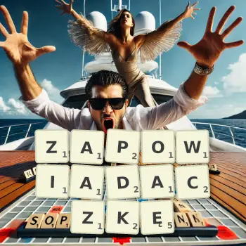 Kreatywna ilustracja do gry w Scrabble ze słowem ZAPOWIADACZKĘ ułożonym z płytek na planszy.