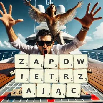 Kreatywna ilustracja do gry w Scrabble ze słowem ZAPOWIETRZAJĄC ułożonym z płytek na planszy.