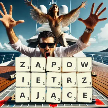 Kreatywna ilustracja do gry w Scrabble ze słowem ZAPOWIETRZAJĄCE ułożonym z płytek na planszy.