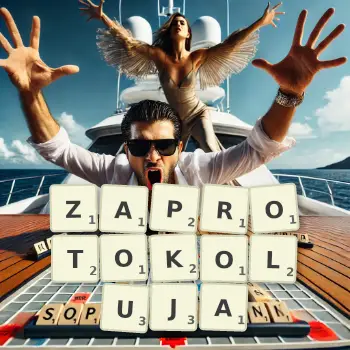 Kreatywna ilustracja do gry w Scrabble ze słowem ZAPROTOKOLUJA ułożonym z płytek na planszy.