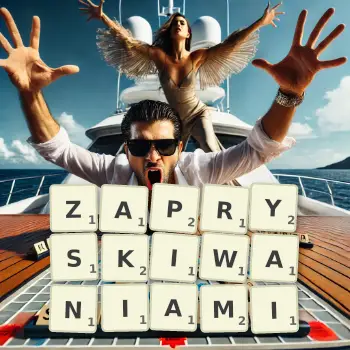 Kreatywna ilustracja do gry w Scrabble ze słowem ZAPRYSKIWANIAMI ułożonym z płytek na planszy.