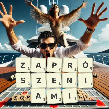 Kreatywna ilustracja do gry w Scrabble ze słowem ZAPRÓSZENIAMI ułożonym z płytek na planszy.