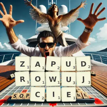 Kreatywna ilustracja do gry w Scrabble ze słowem ZAPUDROWUJCIE ułożonym z płytek na planszy.