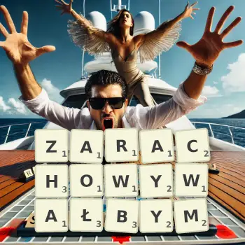 Kreatywna ilustracja do gry w Scrabble ze słowem ZARACHOWYWAŁBYM ułożonym z płytek na planszy.