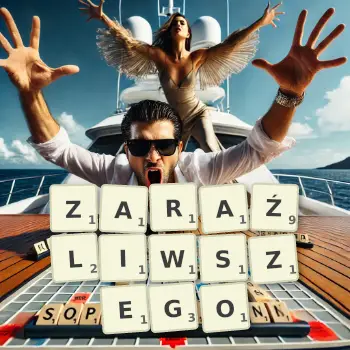 Kreatywna ilustracja do gry w Scrabble ze słowem ZARAŹLIWSZEGO ułożonym z płytek na planszy.