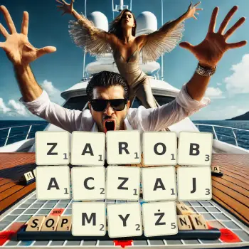 Kreatywna ilustracja do gry w Scrabble ze słowem ZAROBACZAJMYŻ ułożonym z płytek na planszy.