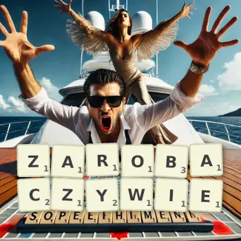 Kreatywna ilustracja do gry w Scrabble ze słowem ZAROBACZYWIE ułożonym z płytek na planszy.