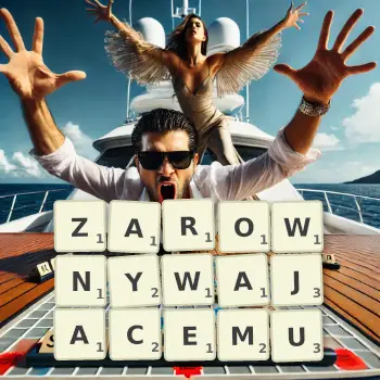 Kreatywna ilustracja do gry w Scrabble ze słowem ZAROWNYWAJACEMU ułożonym z płytek na planszy.