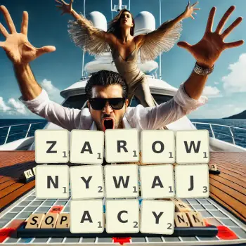 Kreatywna ilustracja do gry w Scrabble ze słowem ZAROWNYWAJACY ułożonym z płytek na planszy.