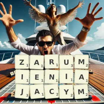 Kreatywna ilustracja do gry w Scrabble ze słowem ZARUMIENIAJACYM ułożonym z płytek na planszy.