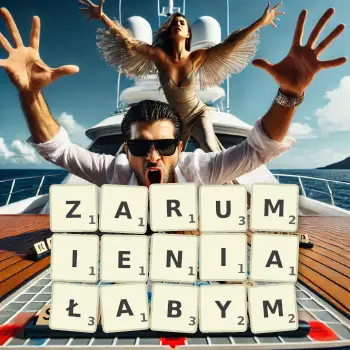 Kreatywna ilustracja do gry w Scrabble ze słowem ZARUMIENIAŁABYM ułożonym z płytek na planszy.