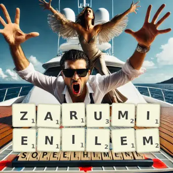 Kreatywna ilustracja do gry w Scrabble ze słowem ZARUMIENILEM ułożonym z płytek na planszy.