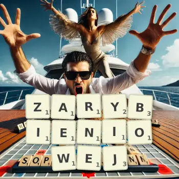 Kreatywna ilustracja do gry w Scrabble ze słowem ZARYBIENIOWEJ ułożonym z płytek na planszy.