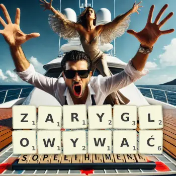 Kreatywna ilustracja do gry w Scrabble ze słowem ZARYGLOWYWAĆ ułożonym z płytek na planszy.