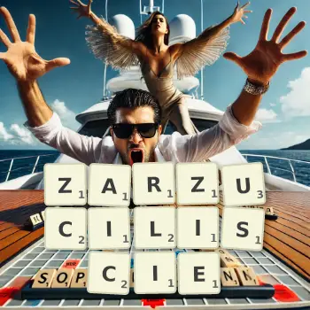 Kreatywna ilustracja do gry w Scrabble ze słowem ZARZUCILISCIE ułożonym z płytek na planszy.