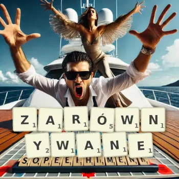 Kreatywna ilustracja do gry w Scrabble ze słowem ZARÓWNYWANE ułożonym z płytek na planszy.