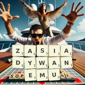 Kreatywna ilustracja do gry w Scrabble ze słowem ZASIADYWANEMU ułożonym z płytek na planszy.
