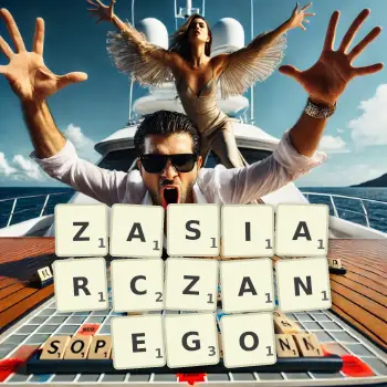 Kreatywna ilustracja do gry w Scrabble ze słowem ZASIARCZANEGO ułożonym z płytek na planszy.
