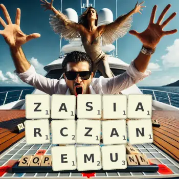Kreatywna ilustracja do gry w Scrabble ze słowem ZASIARCZANEMU ułożonym z płytek na planszy.