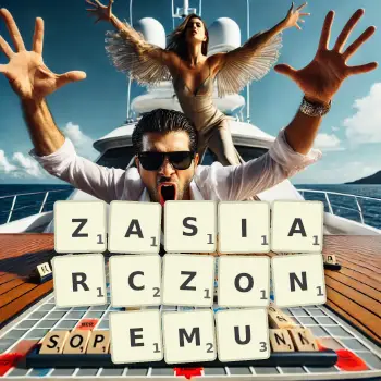 Kreatywna ilustracja do gry w Scrabble ze słowem ZASIARCZONEMU ułożonym z płytek na planszy.