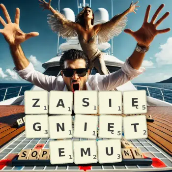 Kreatywna ilustracja do gry w Scrabble ze słowem ZASIĘGNIĘTEMU ułożonym z płytek na planszy.