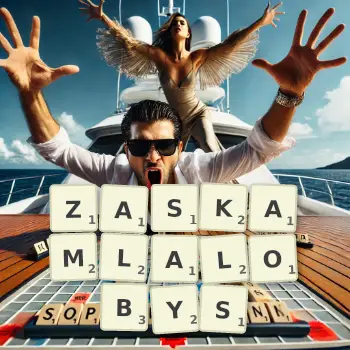 Kreatywna ilustracja do gry w Scrabble ze słowem ZASKAMLALOBYS ułożonym z płytek na planszy.